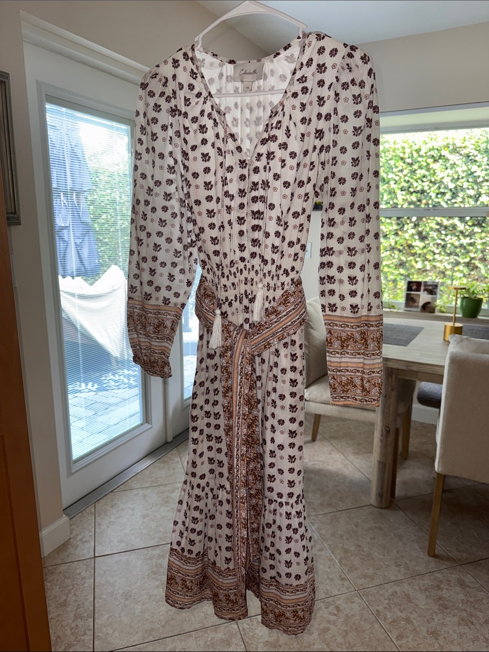 Cleobella Ivory Ankle Length Dress with Brown Floral & Paisley Border